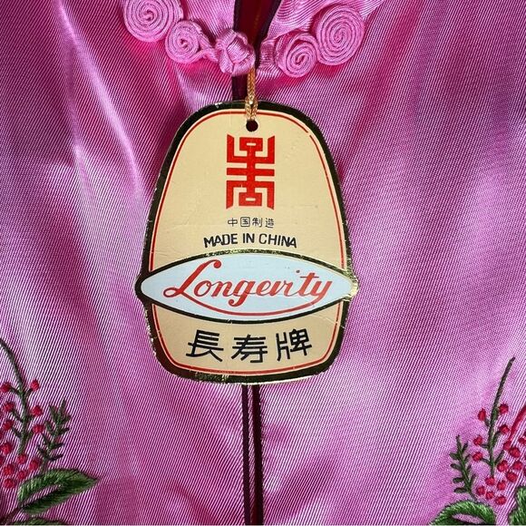New Vintage Longevity Pink Satin Chinese Pajama Set Large Embroidered - Picture 3 of 16